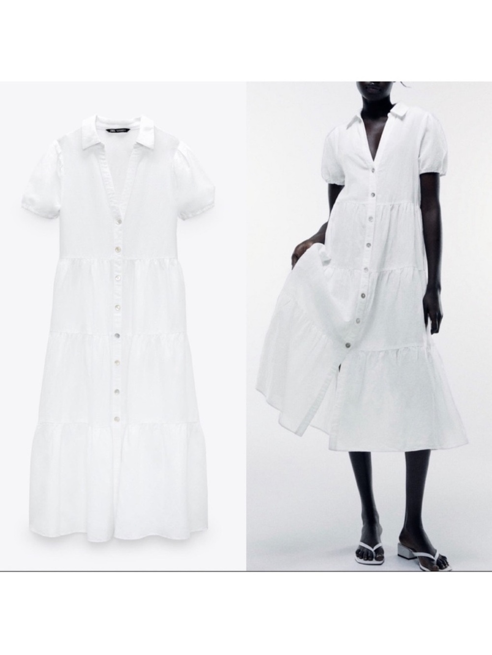 Zara White Tiered Button-Front Midi Dress - Picture 1 of 4
